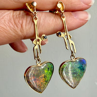 WOW! Vintage Austrian 14k Gold & Opal Heart Drop Brutalist Earrings - 2.2 inch drop