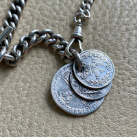 English Antique Sterling Silver Watch Chain with Antique UK Silver Coin Fobs and Extender - necklace length - 23 inch overall length