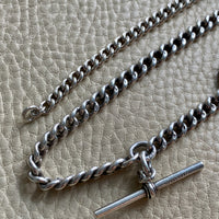 English Antique Sterling Silver Watch Chain with Antique UK Silver Coin Fobs and Extender - necklace length - 23 inch overall length