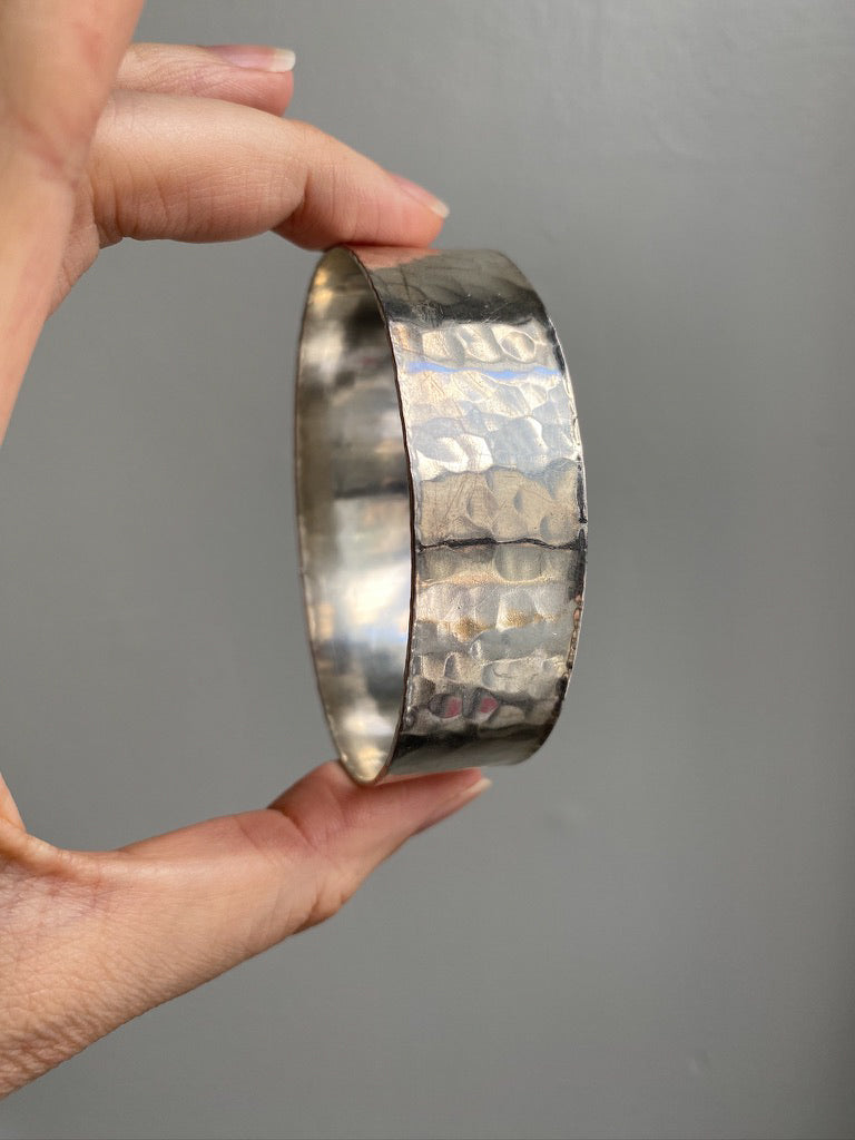 1975 Extra wide heavy hammered texture silver bangle by NOKO - size 8.1 inch