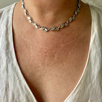 Scandinavian Vintage Silver Link Choker Necklace with Organic Dimensional Leaves - 16.2 inch length