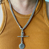 English Antique Sterling Silver Watch Chain with Antique UK Silver Coin Fobs and Extender - necklace length - 23 inch overall length