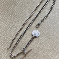 English Antique Sterling Silver Watch Chain with Antique UK Silver Coin Fobs and Extender - necklace length - 23 inch overall length