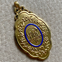 1928 Detailed 18k gold medallion pendant with blue enamel “For 21 years of faithful service”