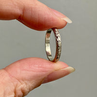 18k White Gold Vintage Wedding Band with Etched continuous Blossom Pattern- Zurich Band - size 5.75