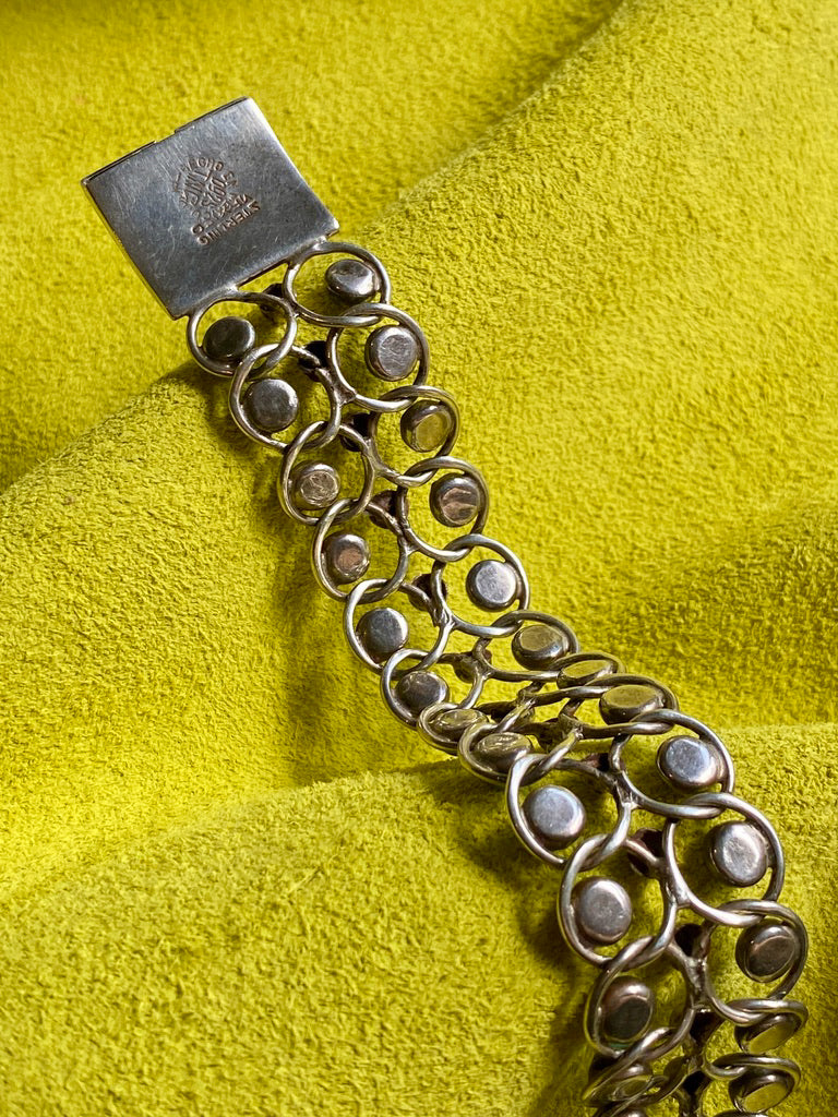 1940s Era Sterling Silver Handmade Link Chain Bracelet with 2 Rows of Turquoise Cabochons- 7.2 inch length