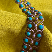 1940s Era Sterling Silver Handmade Link Chain Choker Necklace with 2 Rows of Turquoise Cabochons, Mexican Vintage- 16 inch length