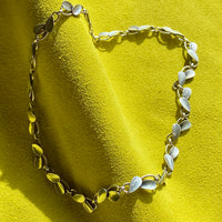 Scandinavian Vintage Silver Link Choker Necklace with Organic Dimensional Leaves - 16.2 inch length