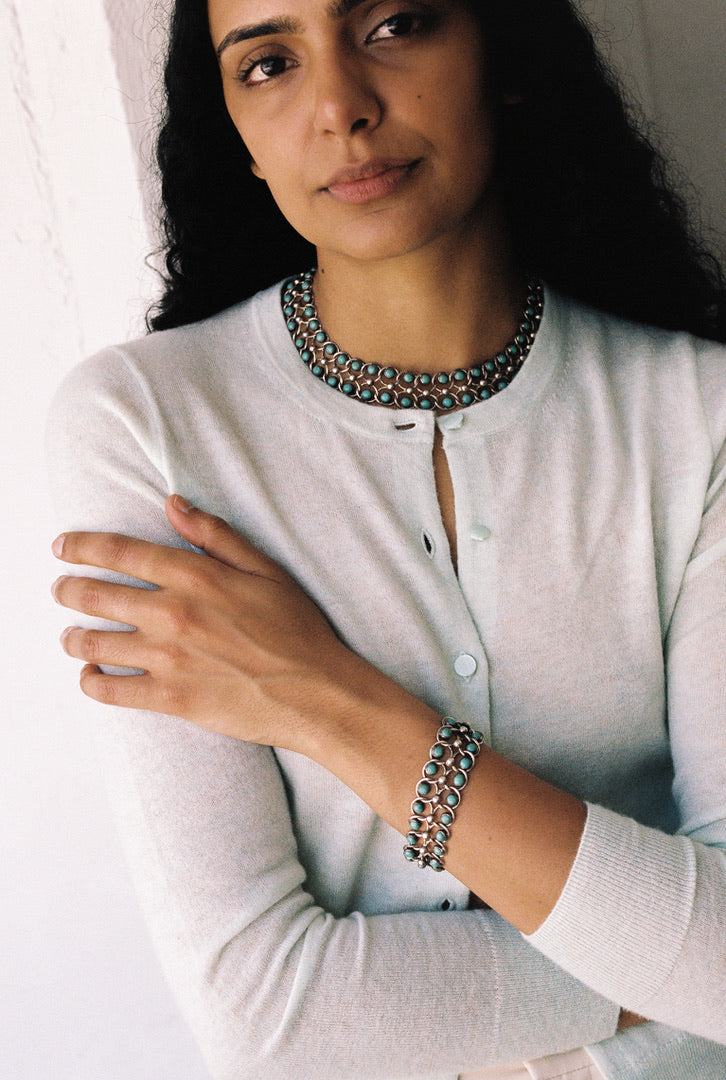 1940s Era Sterling Silver Handmade Link Chain Bracelet with 2 Rows of Turquoise Cabochons- 7.2 inch length
