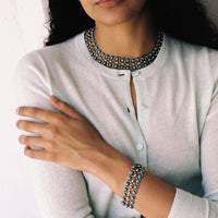 1940s Era Sterling Silver Handmade Link Chain Choker Necklace with 2 Rows of Turquoise Cabochons, Mexican Vintage- 16 inch length
