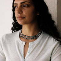 1940s Era Sterling Silver Handmade Link Chain Choker Necklace with 2 Rows of Turquoise Cabochons, Mexican Vintage- 16 inch length
