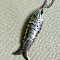 Midcentury era Silver Articulated Fish Pendant Necklace - 27.8 inch length