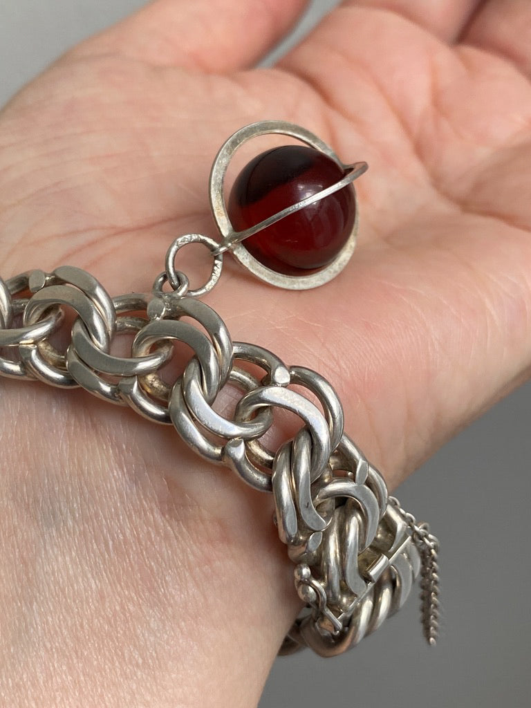 Chunky Sterling Silver Double Link Bracelet with Orb charm - 8 inch length