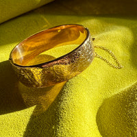 1863 Antique floral engraved wide hinged 9k bangle - Victorian era from Birmingham, England - size 6.8 inch