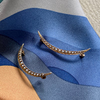 14k Gold Antique Graduated Seed Pearl Crescent Moon Brooch - Medium
