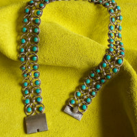 1940s Era Sterling Silver Handmade Link Chain Choker Necklace with 2 Rows of Turquoise Cabochons, Mexican Vintage- 16 inch length