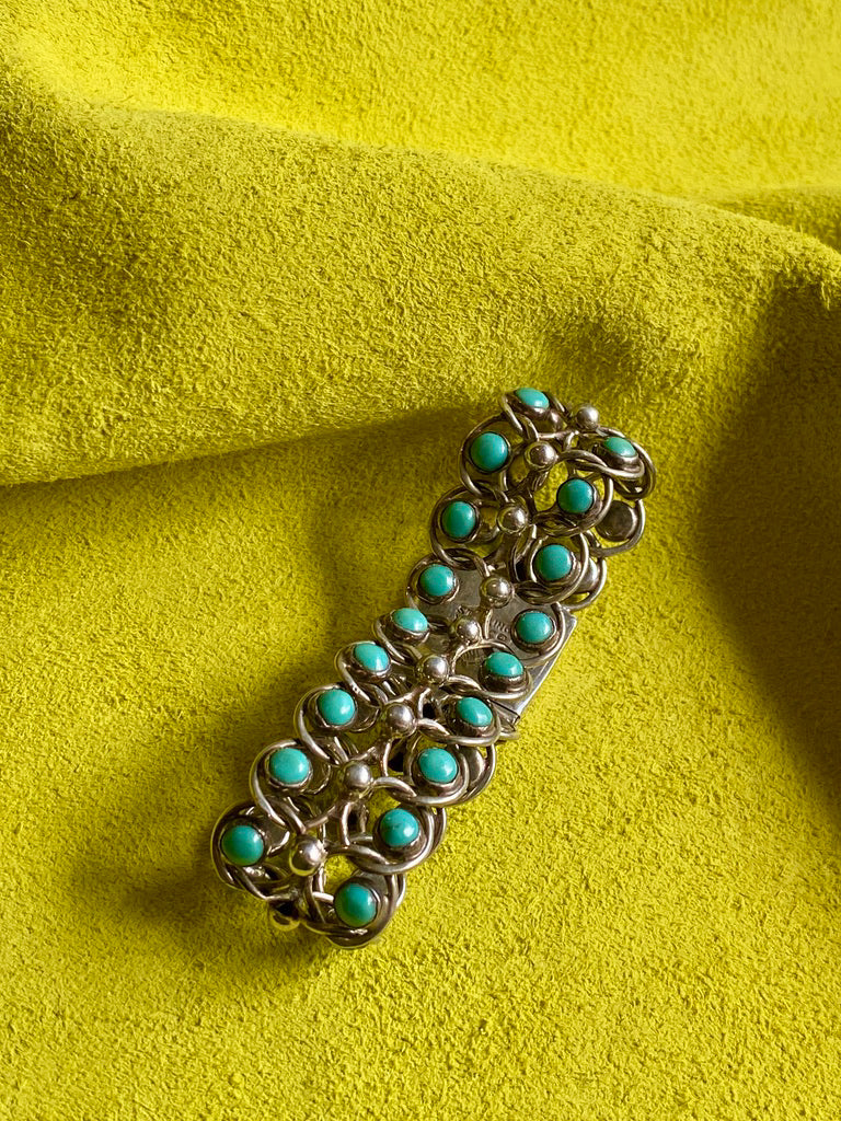 1940s Era Sterling Silver Handmade Link Chain Bracelet with 2 Rows of Turquoise Cabochons- 7.2 inch length