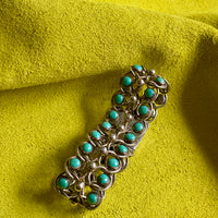 1940s Era Sterling Silver Handmade Link Chain Bracelet with 2 Rows of Turquoise Cabochons- 7.2 inch length