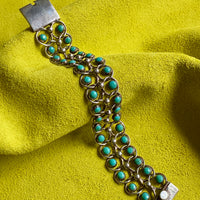 1940s Era Sterling Silver Handmade Link Chain Bracelet with 2 Rows of Turquoise Cabochons- 7.2 inch length