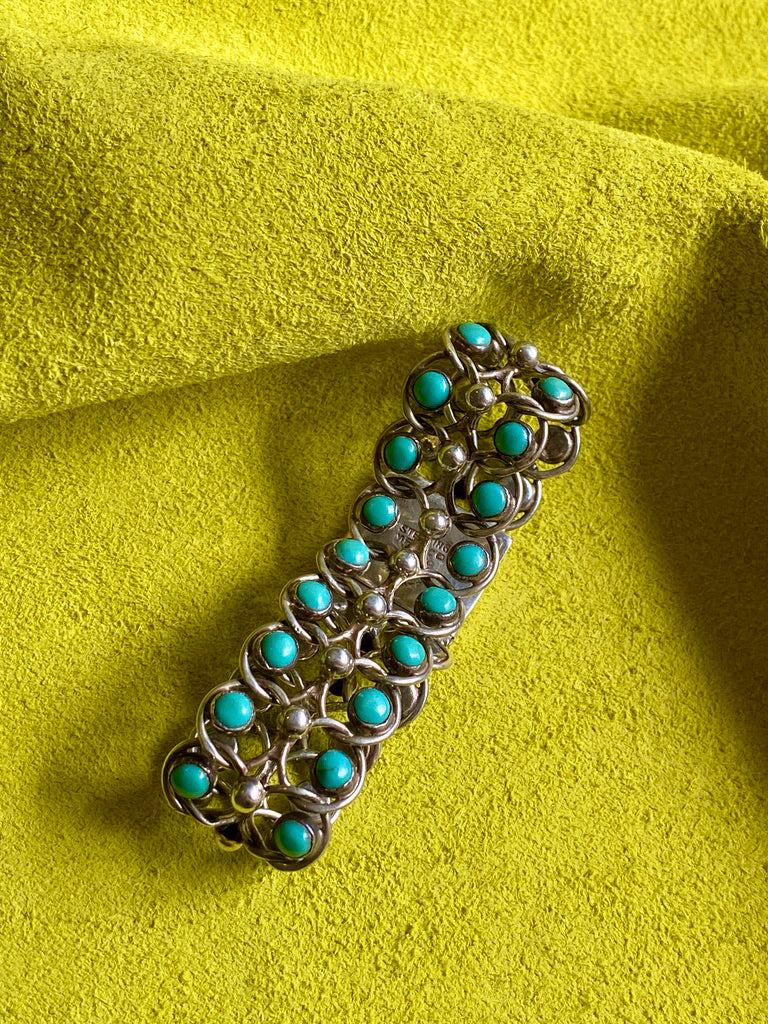 1940s Era Sterling Silver Handmade Link Chain Bracelet with 2 Rows of Turquoise Cabochons- 7.2 inch length