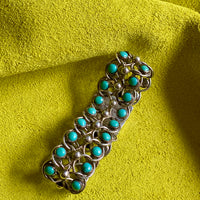 1940s Era Sterling Silver Handmade Link Chain Bracelet with 2 Rows of Turquoise Cabochons- 7.2 inch length