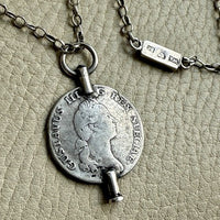 1880 Antique Silver Link Longuard Chain Necklace with Coin Pendant - 61.75 inch length
