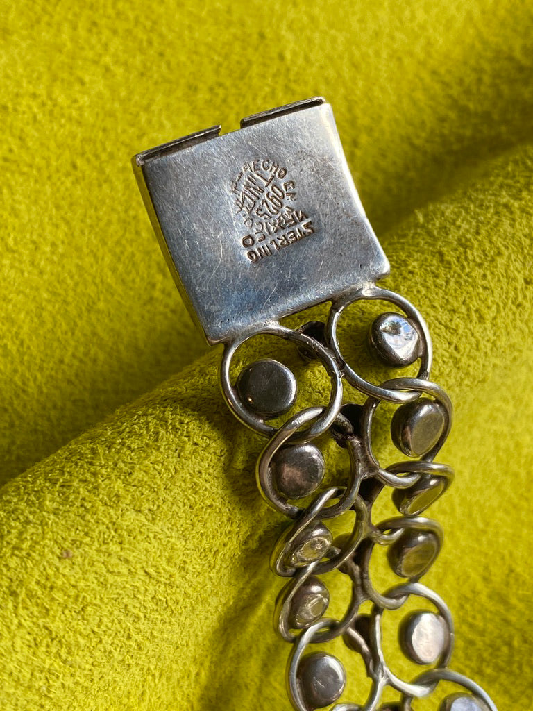 1940s Era Sterling Silver Handmade Link Chain Bracelet with 2 Rows of Turquoise Cabochons- 7.2 inch length