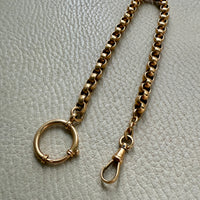 Gold chain with a clasp on a light gray textured background