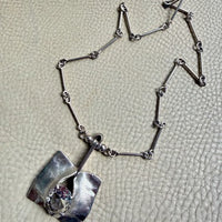 Brutalist Silver Rod Link Necklace with Organic Square Pendant and Large Faceted Crystal Quartz - 20.8 inch length