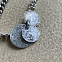 English Antique Sterling Silver Watch Chain with Antique UK Silver Coin Fobs and Extender - necklace length - 23 inch overall length
