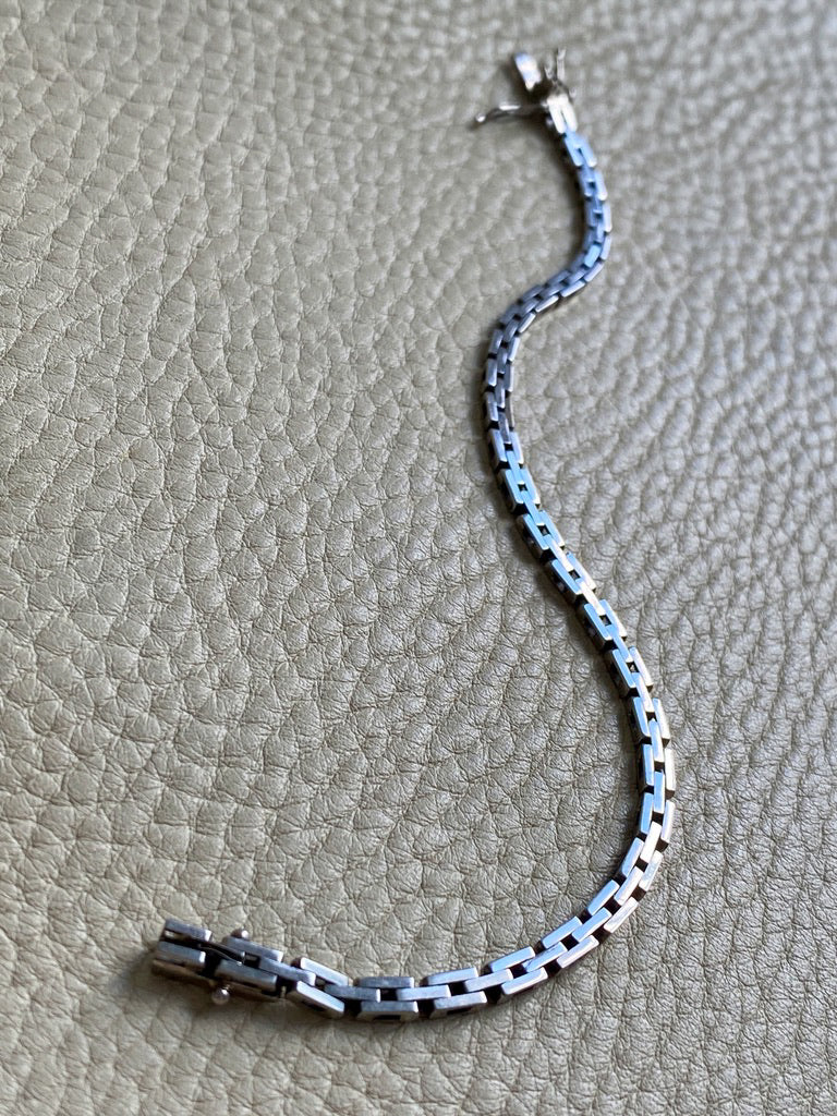 1950s 18k White Gold Vintage Slim Brick Link Bracelet - 7 inch length