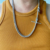 English Antique Sterling Silver Watch Chain with Antique UK Silver Coin Fobs and Extender - necklace length - 23 inch overall length