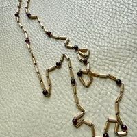 Long Length Vintage 18k Gold Fluted Tubular Link Station Necklace with Garnets- 32 inch length