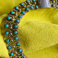 1940s Era Sterling Silver Handmade Link Chain Choker Necklace with 2 Rows of Turquoise Cabochons, Mexican Vintage- 16 inch length