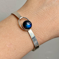 Finnish Vintage Sterling Silver Bangle with Spectrolite Cabochon Clasp -Pertti Hakuli for Kaunis Koru - 6.75 inch interior