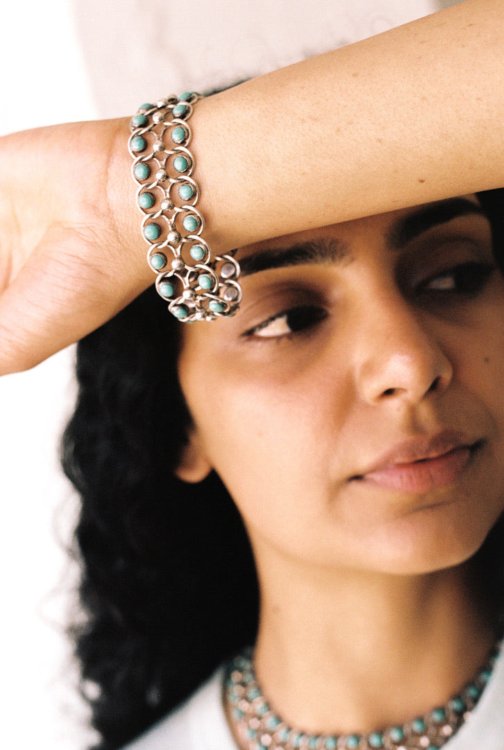 1940s Era Sterling Silver Handmade Link Chain Bracelet with 2 Rows of Turquoise Cabochons- 7.2 inch length