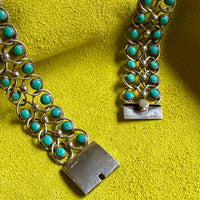 1940s Era Sterling Silver Handmade Link Chain Choker Necklace with 2 Rows of Turquoise Cabochons, Mexican Vintage- 16 inch length