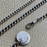 English Antique Sterling Silver Watch Chain with Antique UK Silver Coin Fobs and Extender - necklace length - 23 inch overall length