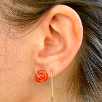 Antique Dutch Carved Coral Flower Stud Earrings in 14k Gold