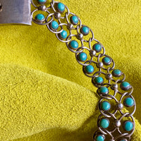 1940s Era Sterling Silver Handmade Link Chain Choker Necklace with 2 Rows of Turquoise Cabochons, Mexican Vintage- 16 inch length