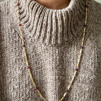 Long Length Vintage 18k Gold Fluted Tubular Link Station Necklace with Garnets- 32 inch length