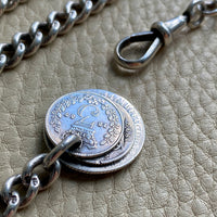 English Antique Sterling Silver Watch Chain with Antique UK Silver Coin Fobs and Extender - necklace length - 23 inch overall length