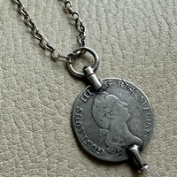 1880 Antique Silver Link Longuard Chain Necklace with Coin Pendant - 61.75 inch length