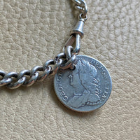 English Antique Sterling Silver Watch Chain with Antique UK Silver Coin Fobs and Extender - necklace length - 23 inch overall length