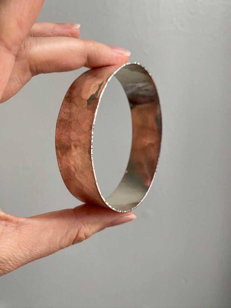1975 Extra wide heavy hammered texture silver bangle by NOKO - size 8.1 inch