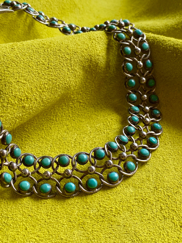 Turquoise Choker Mexican Turquoise Necklace 1940s Era Sterling
