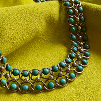 1940s Era Sterling Silver Handmade Link Chain Choker Necklace with 2 Rows of Turquoise Cabochons, Mexican Vintage- 16 inch length