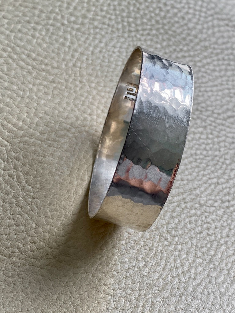 1975 Extra wide heavy hammered texture silver bangle by NOKO - size 8.1 inch