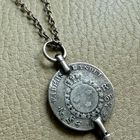 1880 Antique Silver Link Longuard Chain Necklace with Coin Pendant - 61.75 inch length