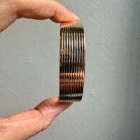 Unique! Architectural Wide 14k Gold Hinged Bangle with Linear Grooves - 6.9 inch oval interior circumference